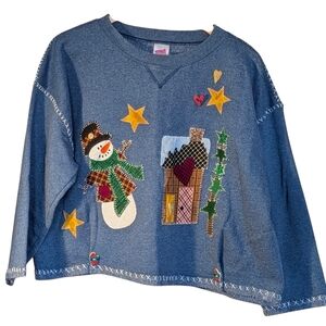 Hanes Her Way Snowman Sweatshirt L Cropped Winter Applique Novelty Christmas